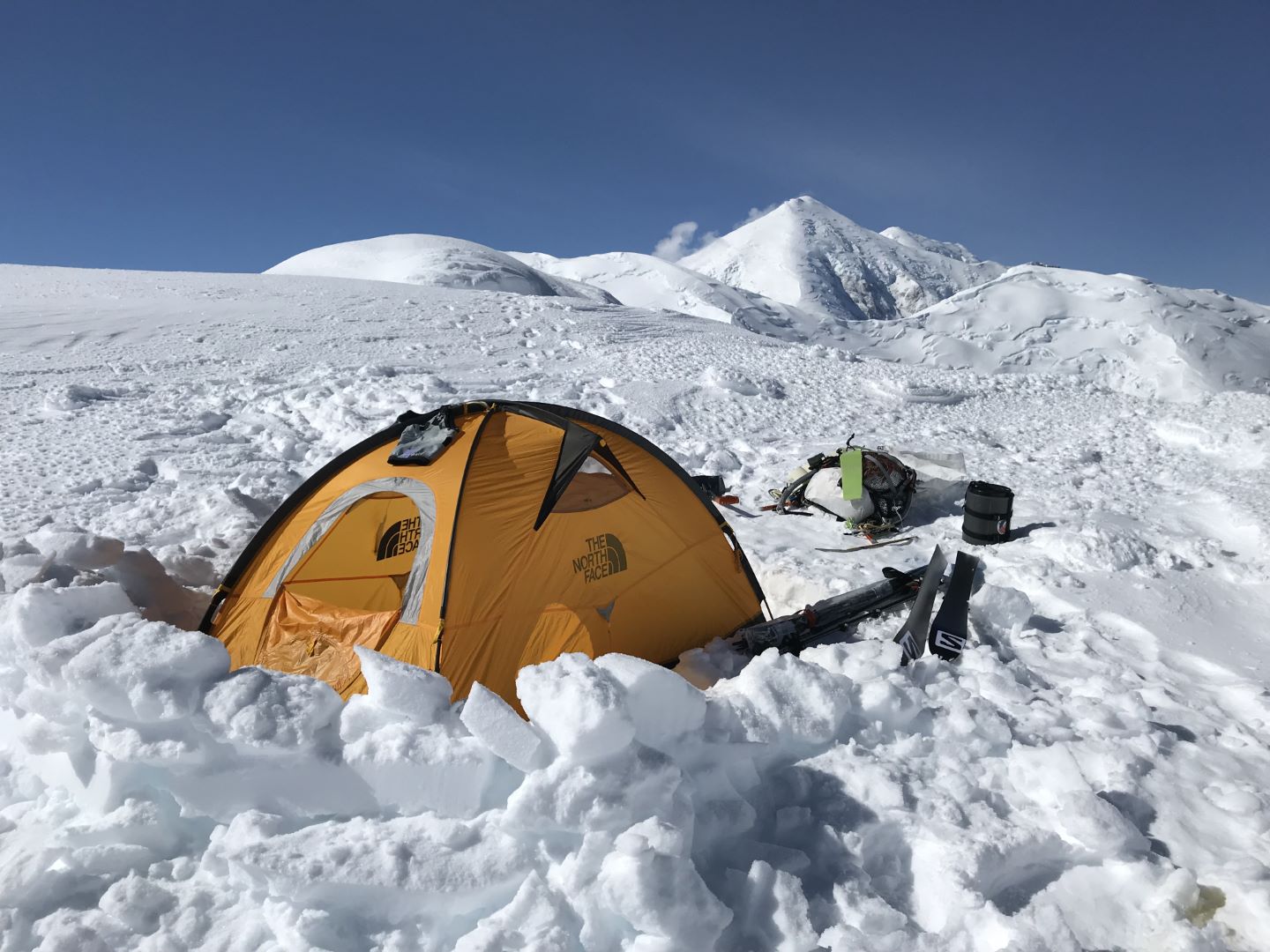 Camp near the south ridge of Kahiltna Dome, looking toward Crosson and Foraker